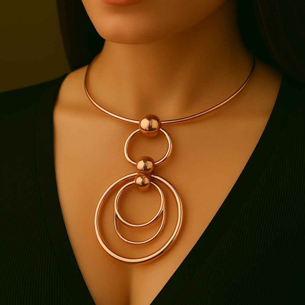 Rose Gold Tone Geometric Circle Pendant Necklace Modern Statement Collar Jewelry